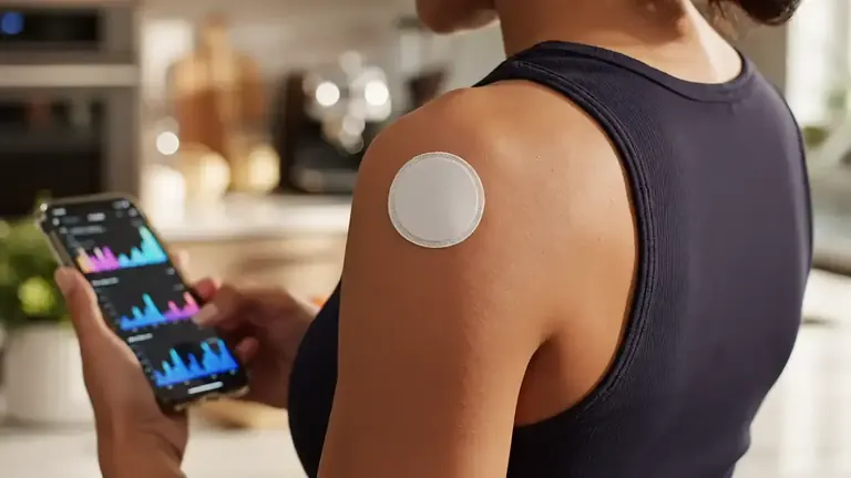 Person wearing an arm-mounted medical device while checking health data on a phone