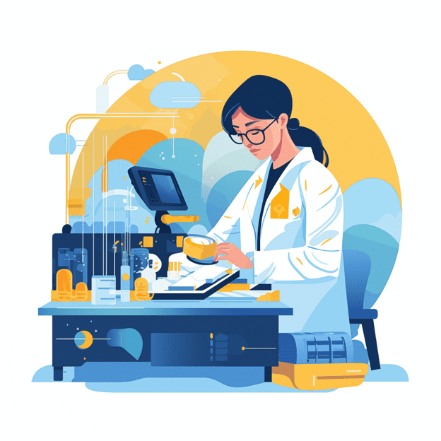 Scientist in a lab coat working with medical device prototypes and equipment, emphasizing innovation in medical device design and patient safety.