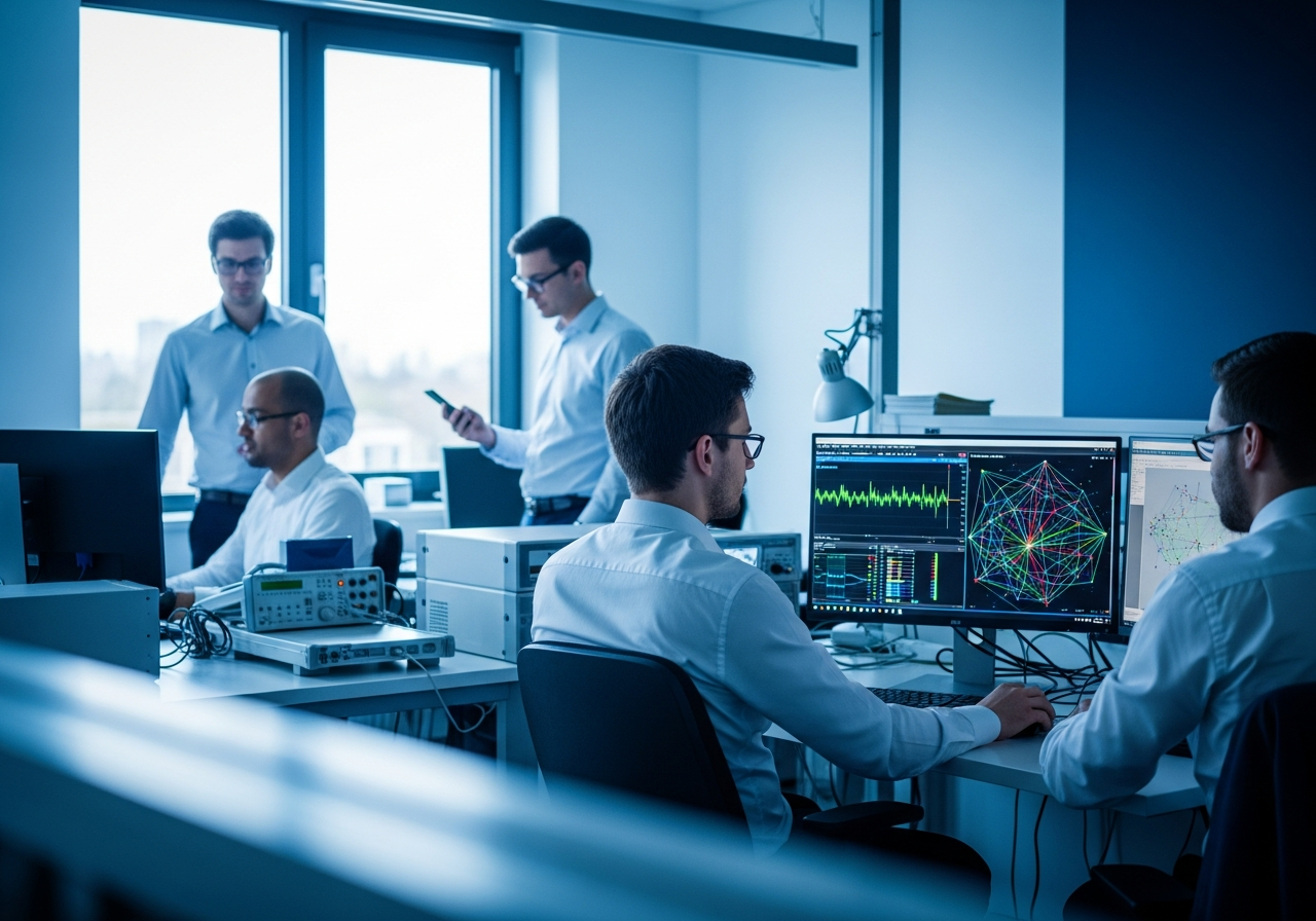 Engineer analyzing a machine learning model with medical signal data on a large screen