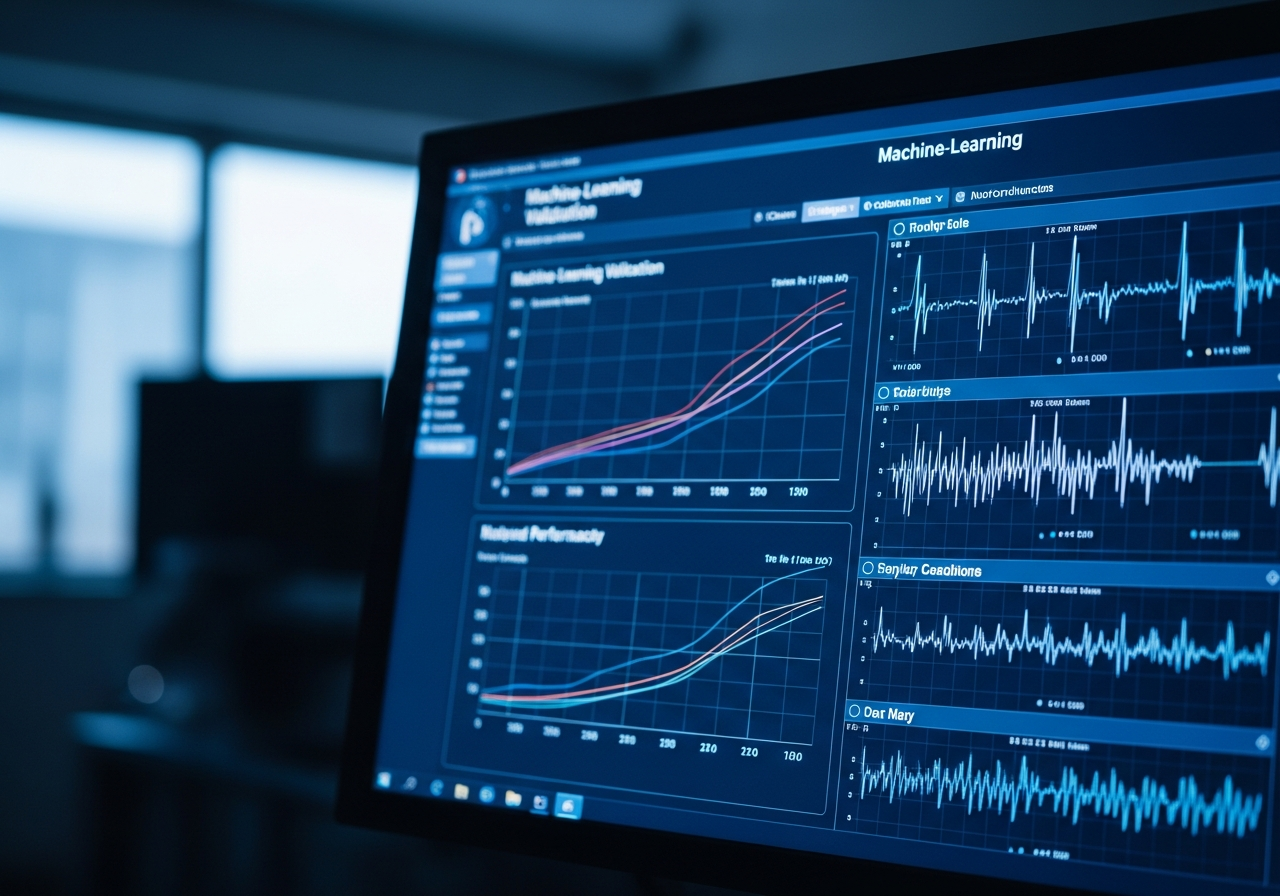 Monitor displaying machine-learning validation charts, performance curves, and physiological signal waveforms