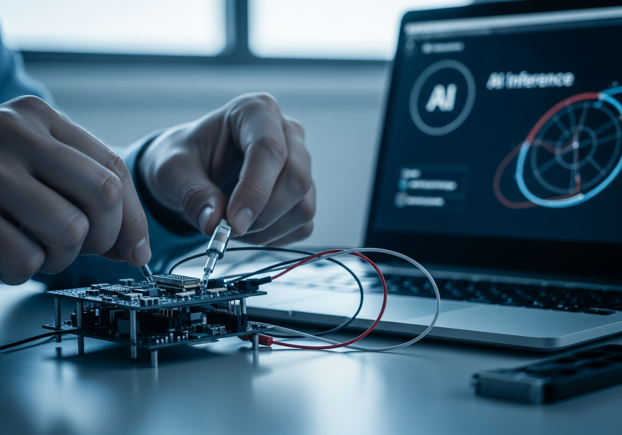 Hands attaching a biosensor to a hardware prototype board wired to a laptop running an AI inference visualization