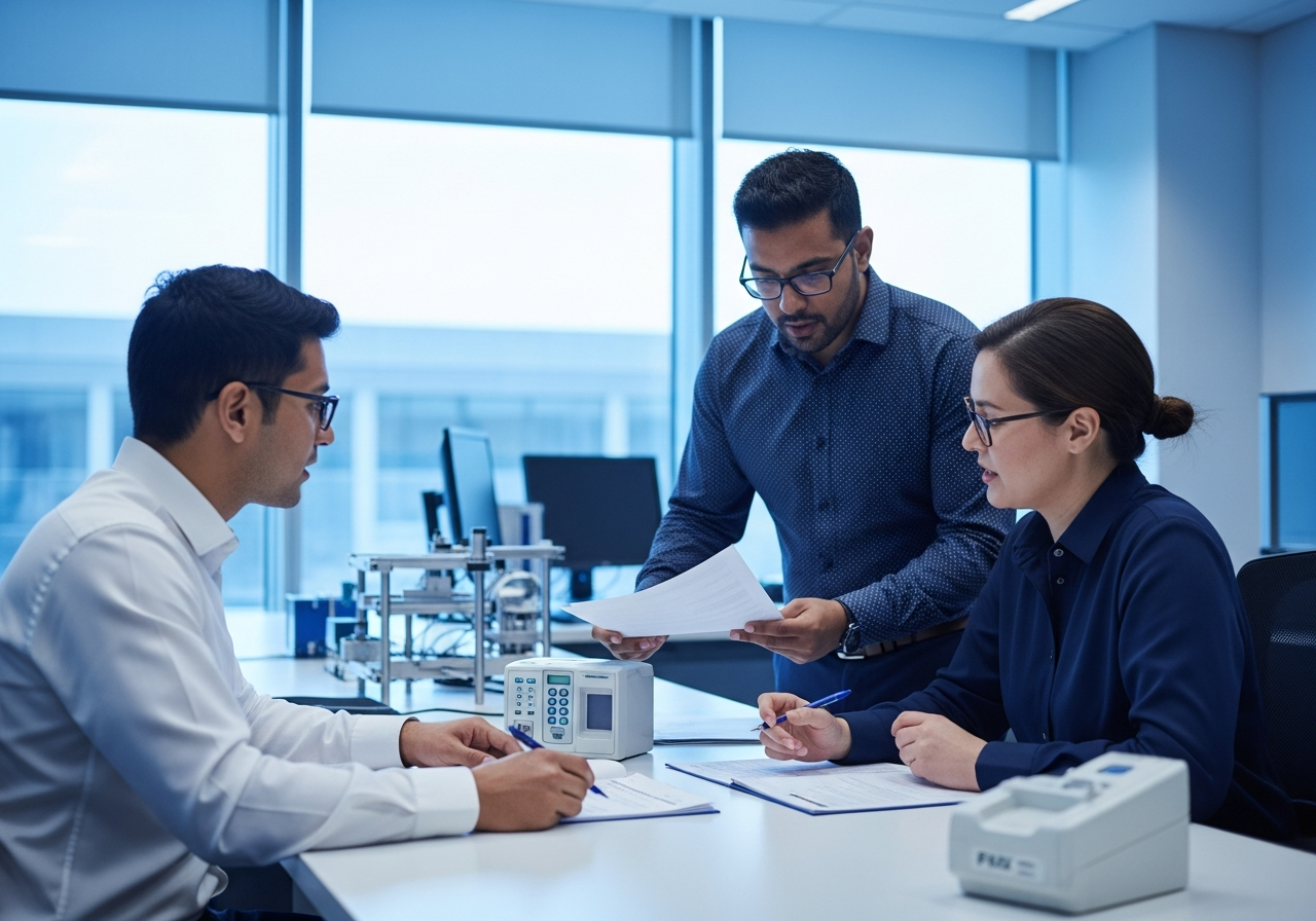 Two engineers reviewing a medical device alongside regulatory documentation to identify and close a gap