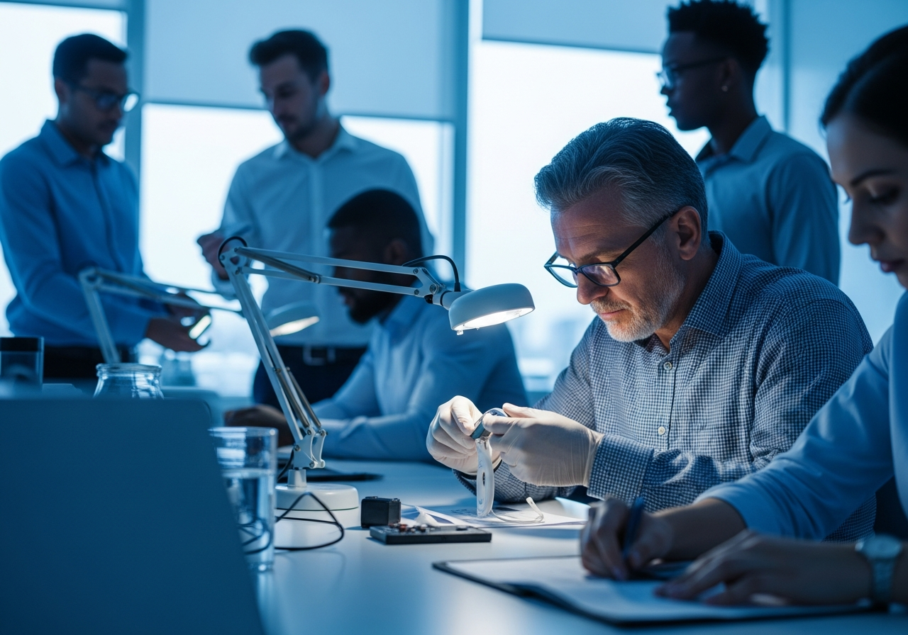 Experienced engineer carefully examining a small medical wellness device under focused light