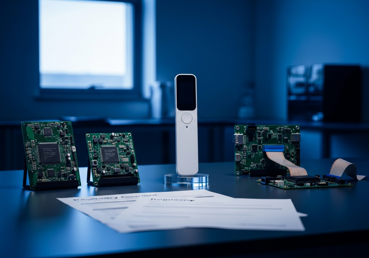 A medical wellness device displayed with its electronics board, firmware module, and regulatory documentation