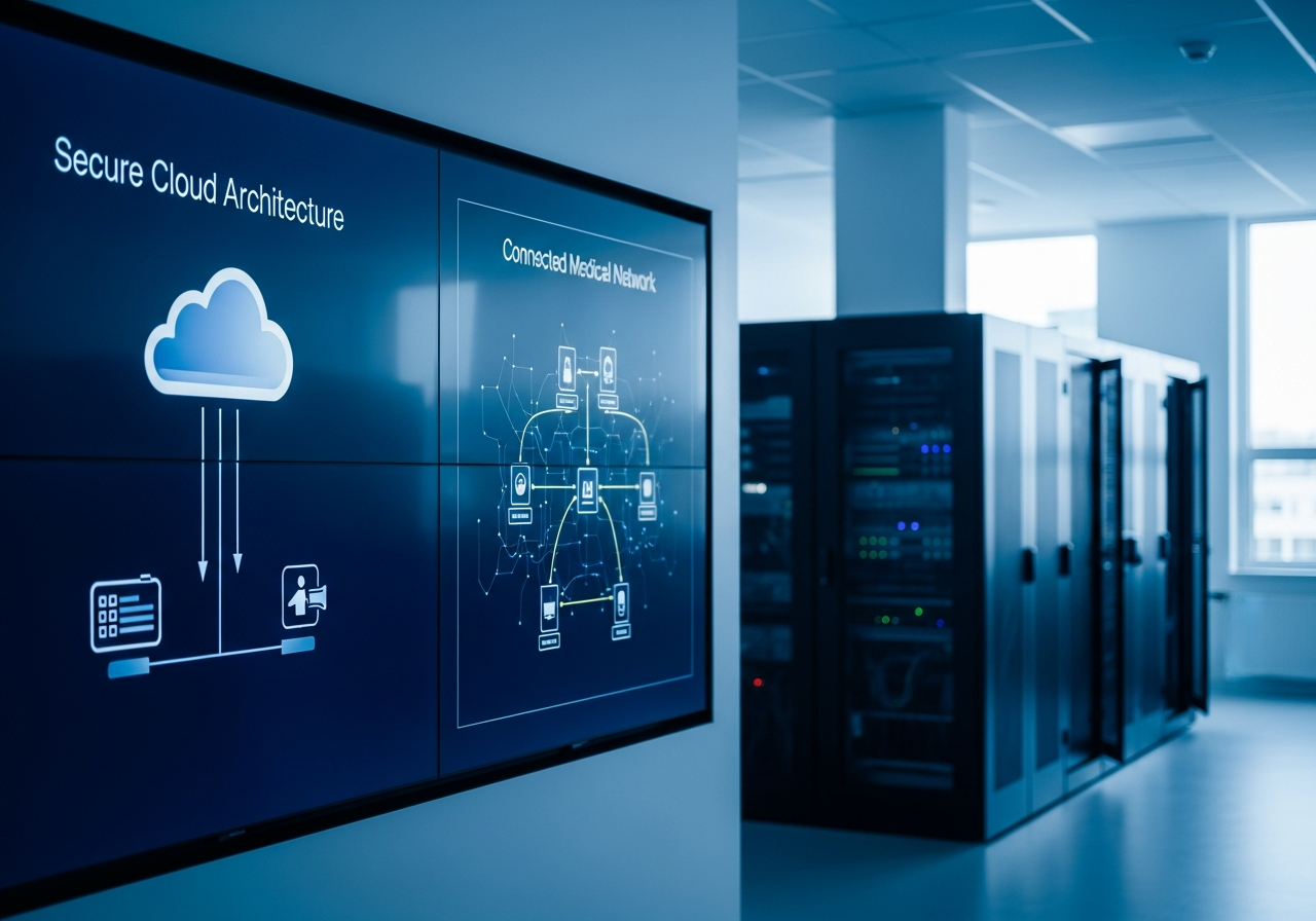 Large display showing a secure cloud architecture and connected medical-device network diagram with server racks behind