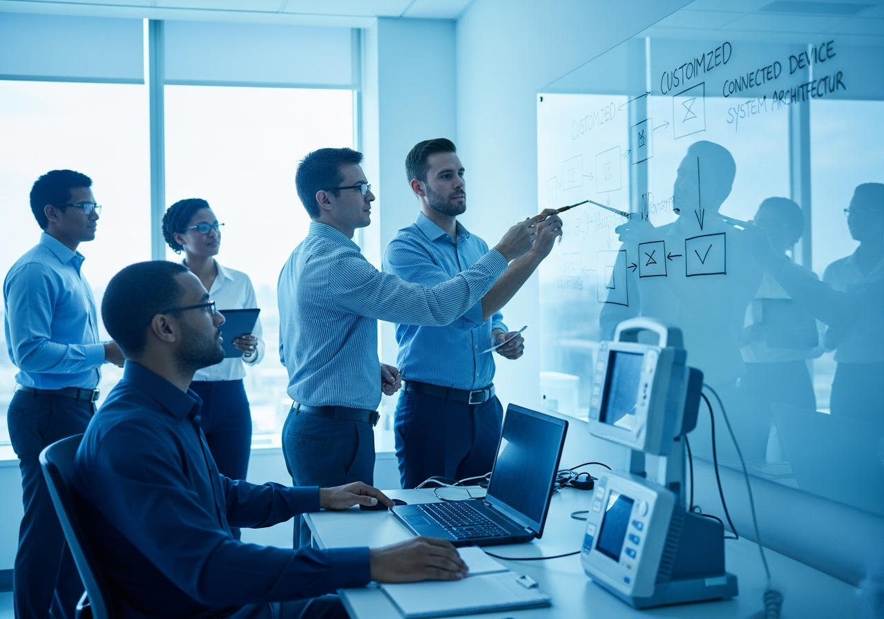 Two engineers sketching a customized connected-device system architecture on a glass whiteboard