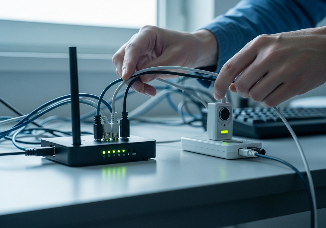 Hands connecting an IoT gateway with cables to a small connected medical sensor unit