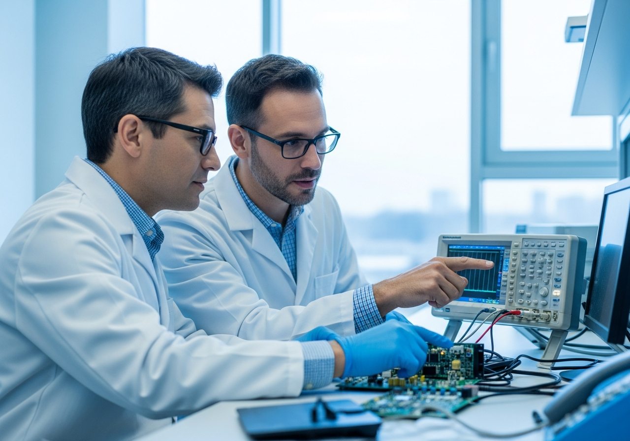 Senior electronics engineers collaborating over a circuit board and oscilloscope at a lab bench