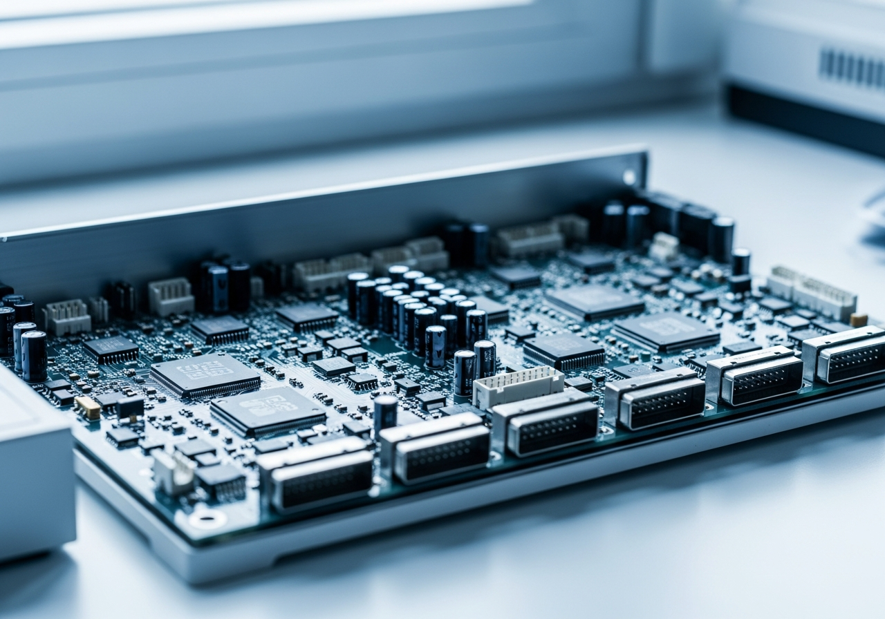 Close-up of a medical device printed circuit board with fine surface-mount components on a clean lab bench