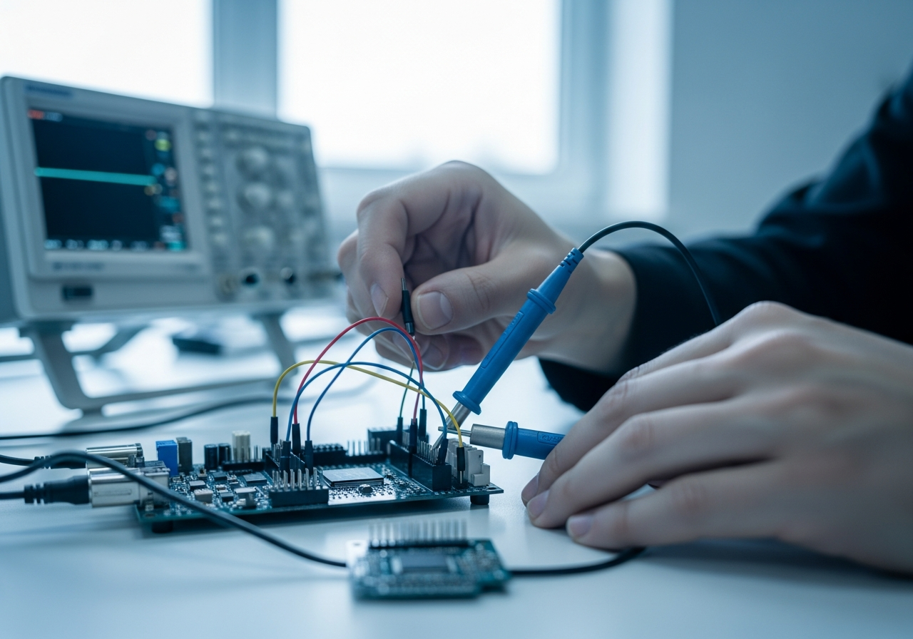 Engineer's hands connecting a debugger probe and jumper wires to an embedded microcontroller board