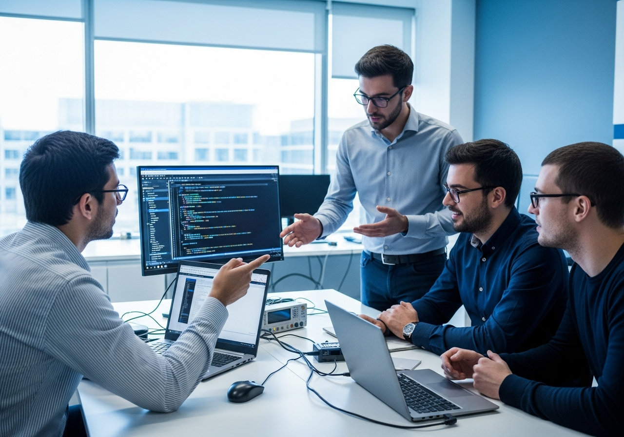 Small team of firmware engineers collaborating around laptops and an embedded device