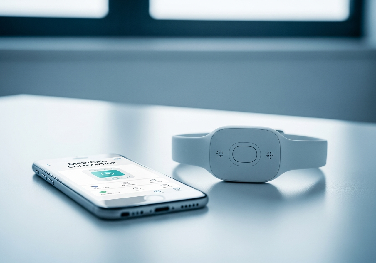 Smartphone showing a medical companion app interface beside a small wearable health device