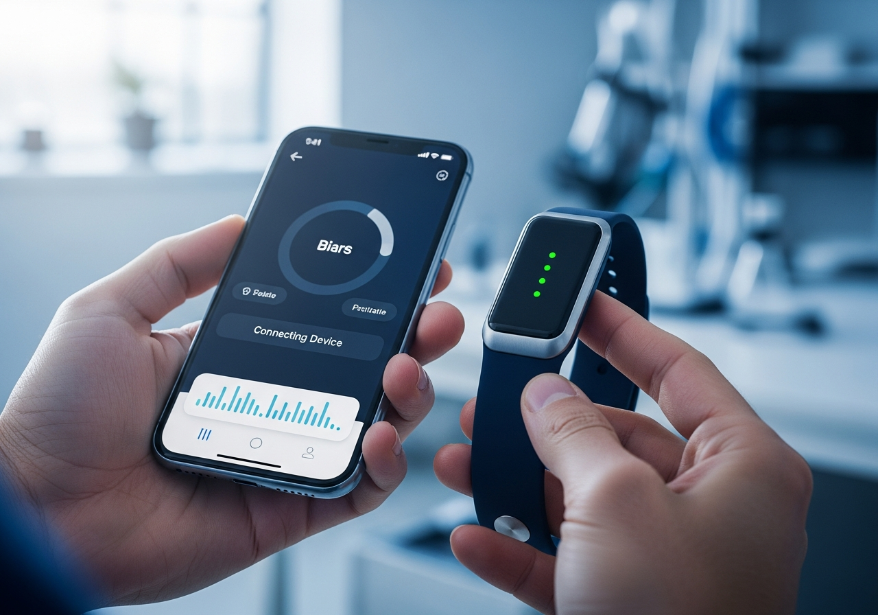 Hands holding a smartphone running a health-monitoring app while pairing with a wearable medical wristband