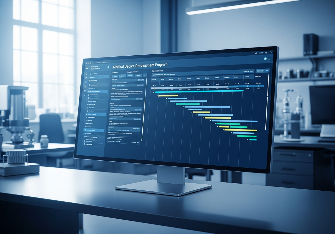 Monitor displaying a detailed project timeline and Gantt chart with milestones for a medical-device program