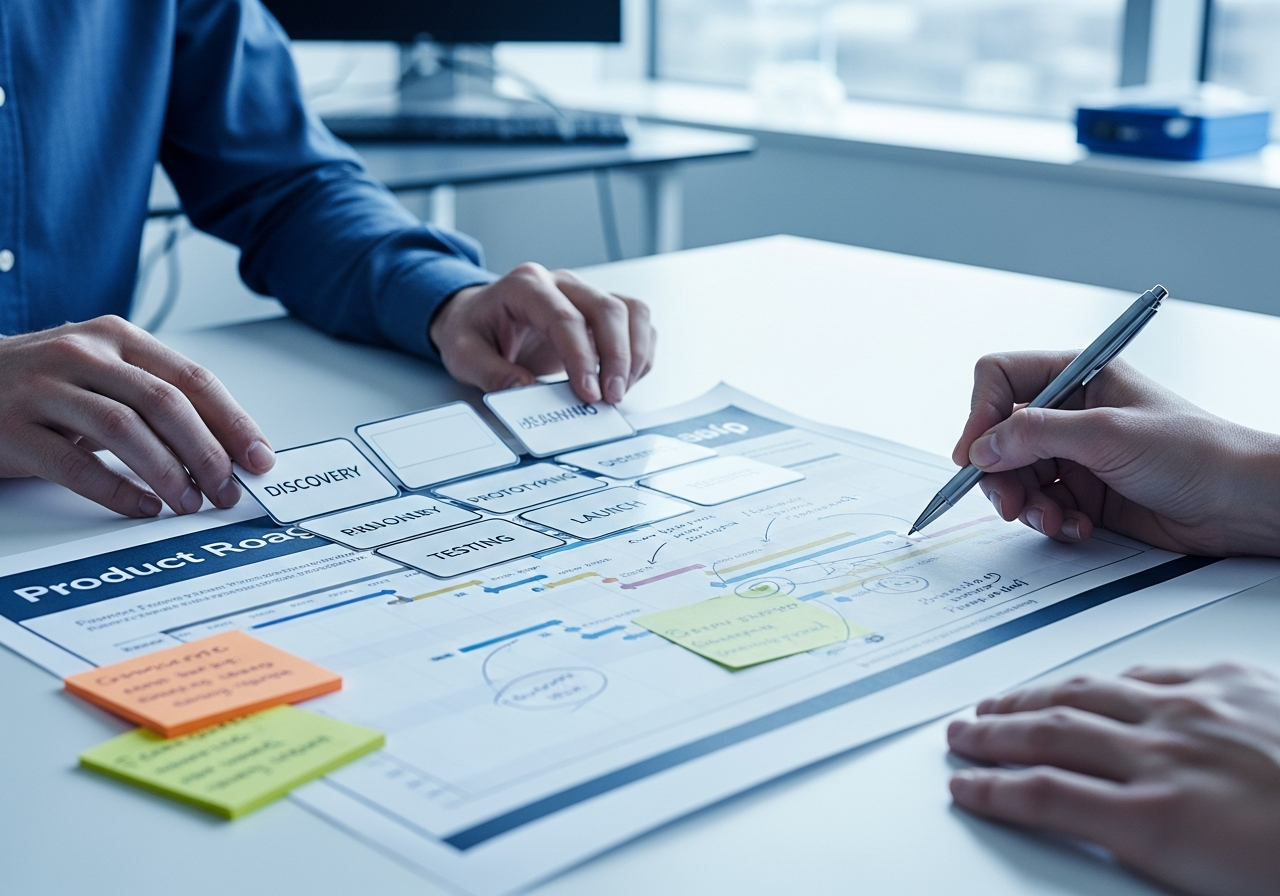Hands arranging planning cards and annotating a printed product roadmap on a conference table