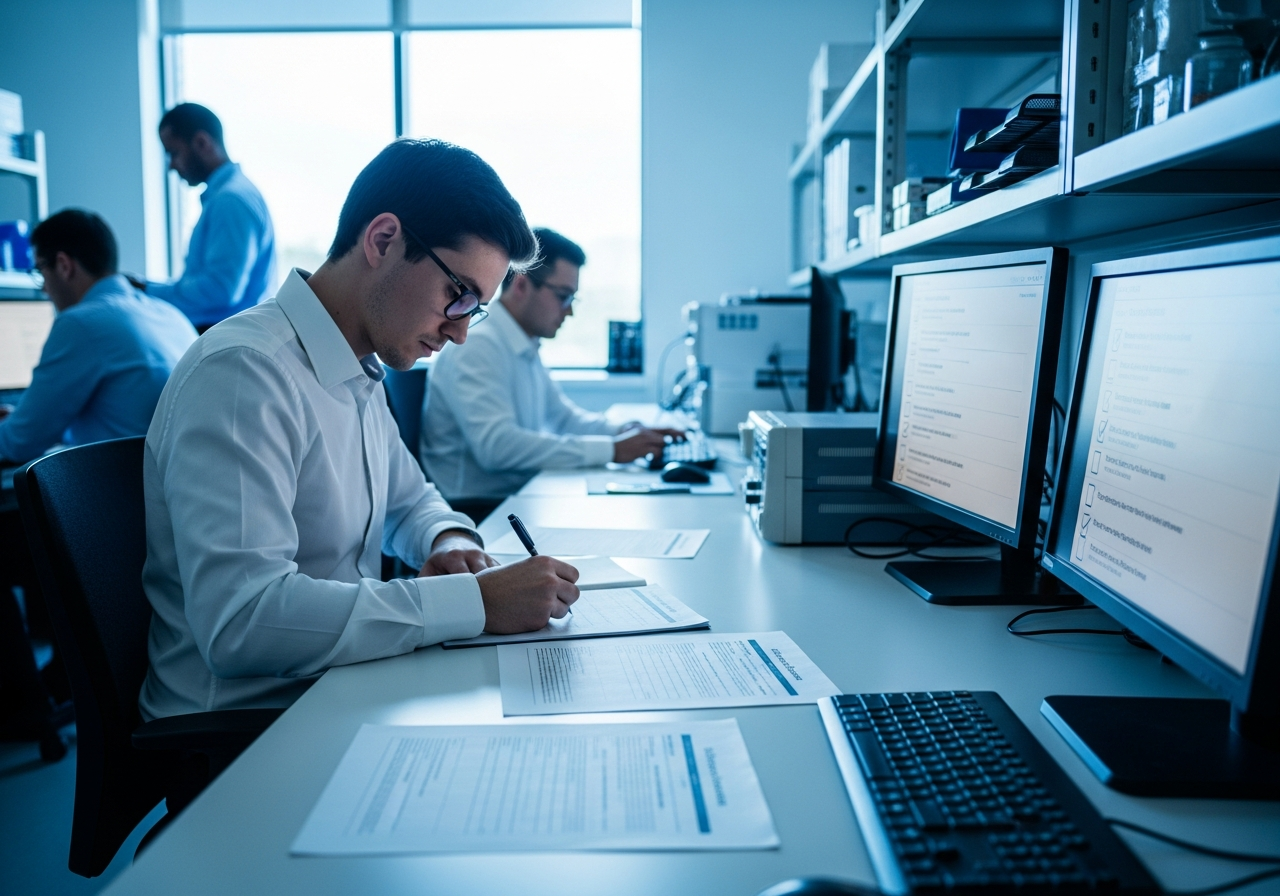 Engineer writing a detailed test protocol while cross-referencing printed system requirements