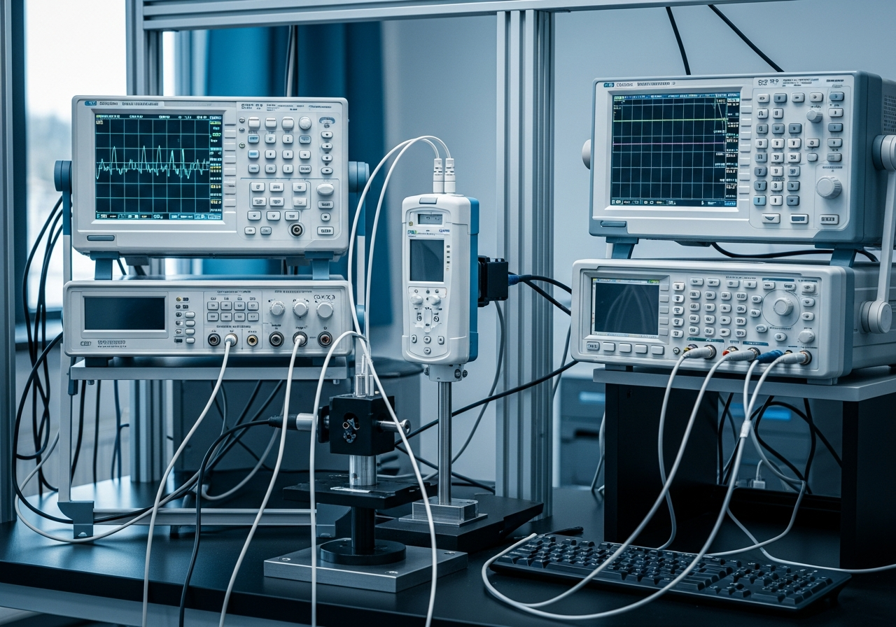 Medical device mounted in a verification test rig surrounded by oscilloscopes and measurement instruments