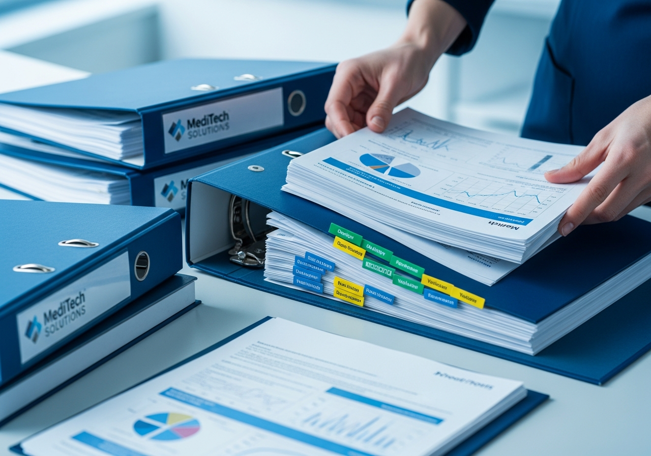 Hands organizing a neatly tabbed design history file binder and printed test reports