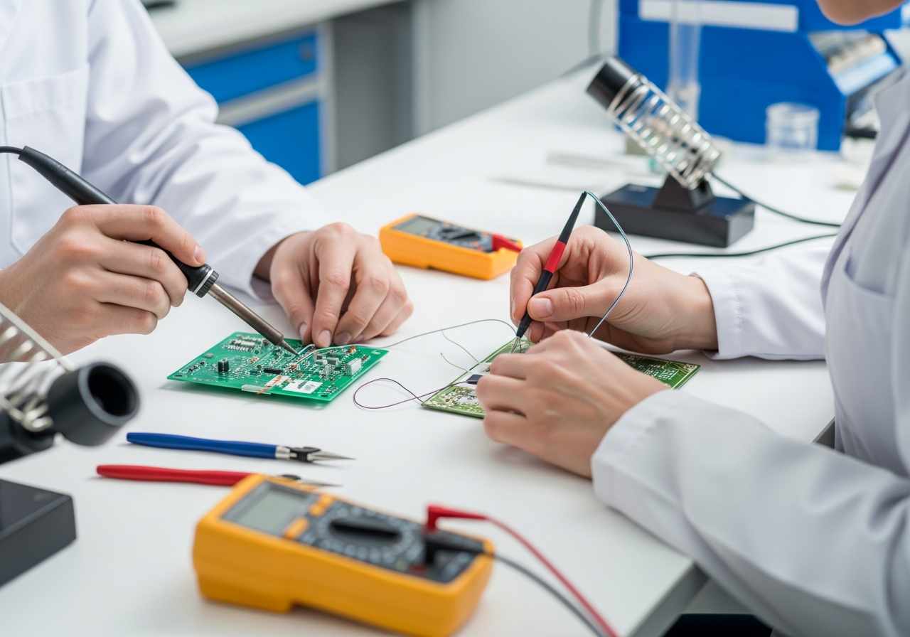 Engineers assembling a medical device prototype on a workbench