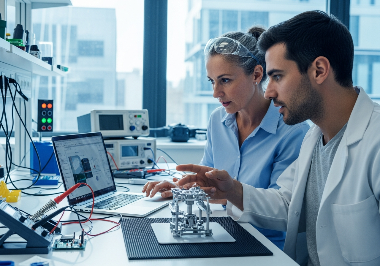 Senior engineer working side by side with a medical device founder at a lab bench