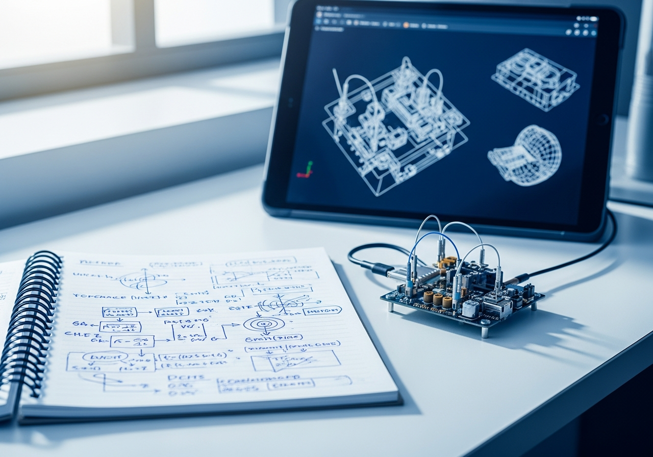 Early-stage medical device prototype on an engineering workbench beside hand-sketched design notes