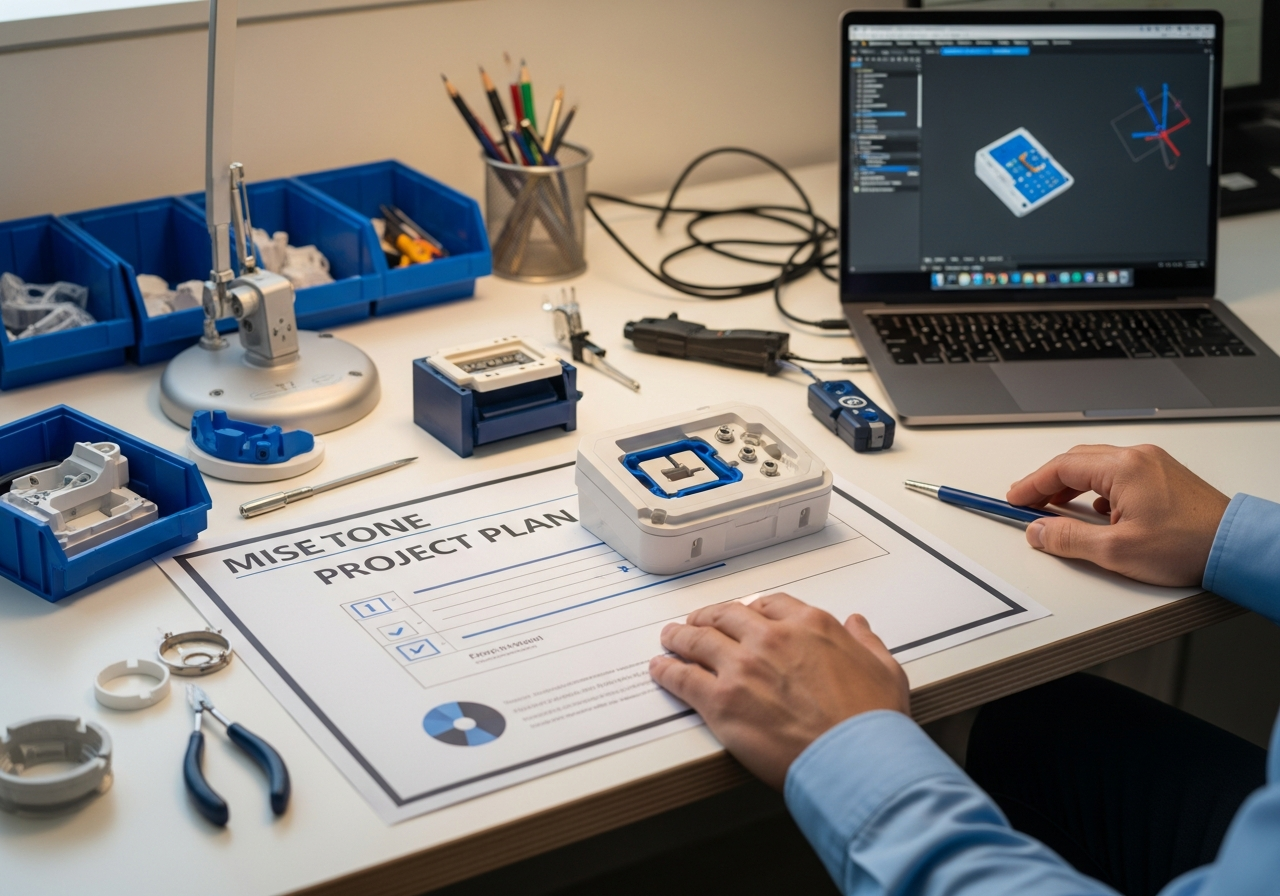 Medical device prototype on a workbench beside a project milestone plan