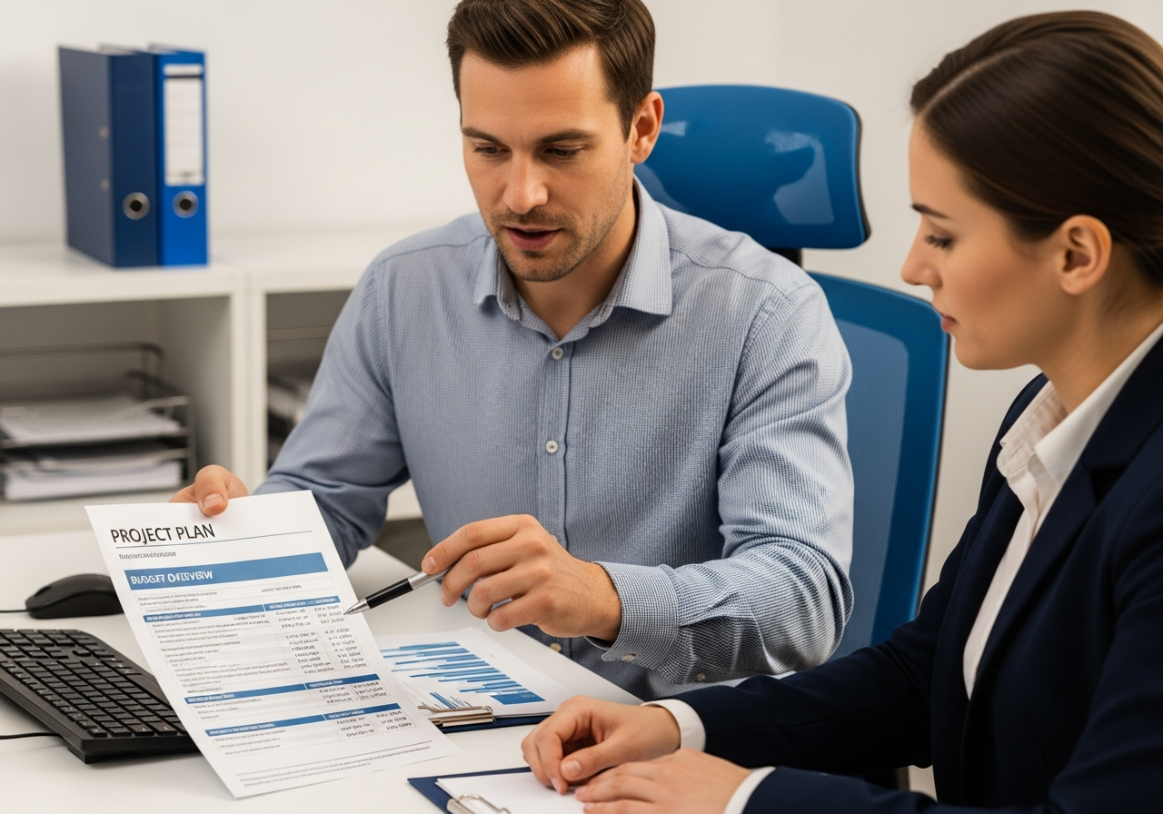 Engineer and client transparently reviewing a clear project plan and budget