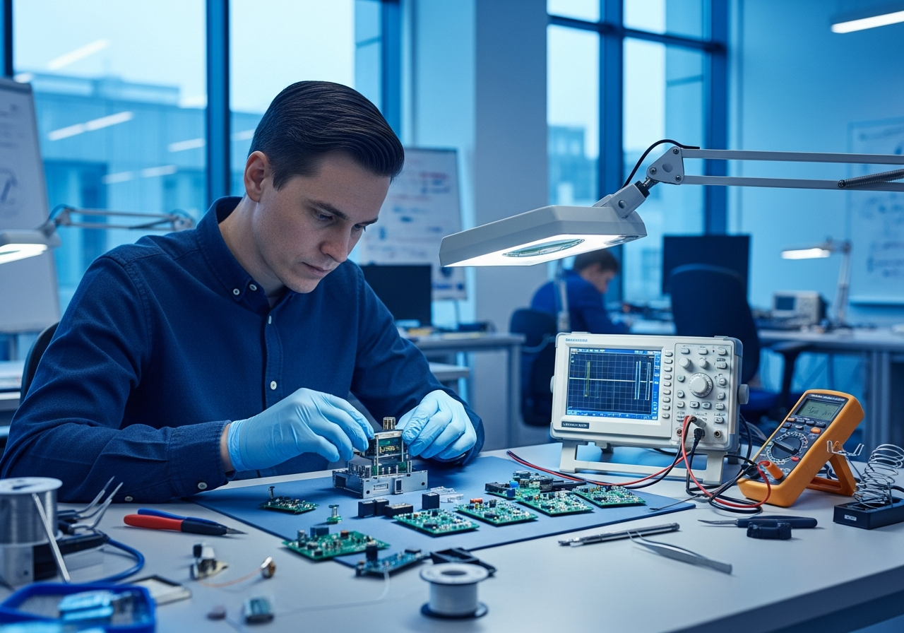 Medical device engineer working at an engineering bench inspecting electronic hardware in a modern lab