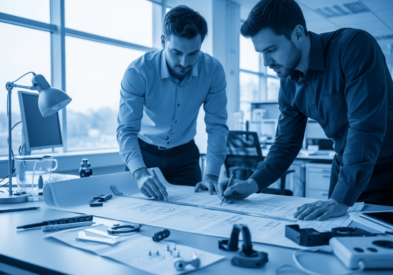 Hands reviewing a technical engineering blueprint and schematic of a medical device on a desk