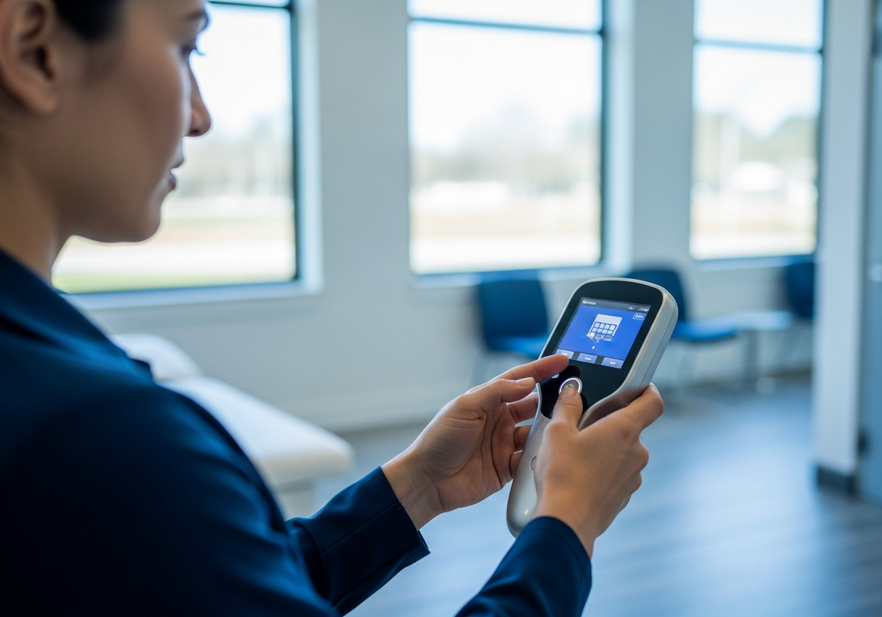 Person operating a sleek handheld medical wellness device, looking at its display