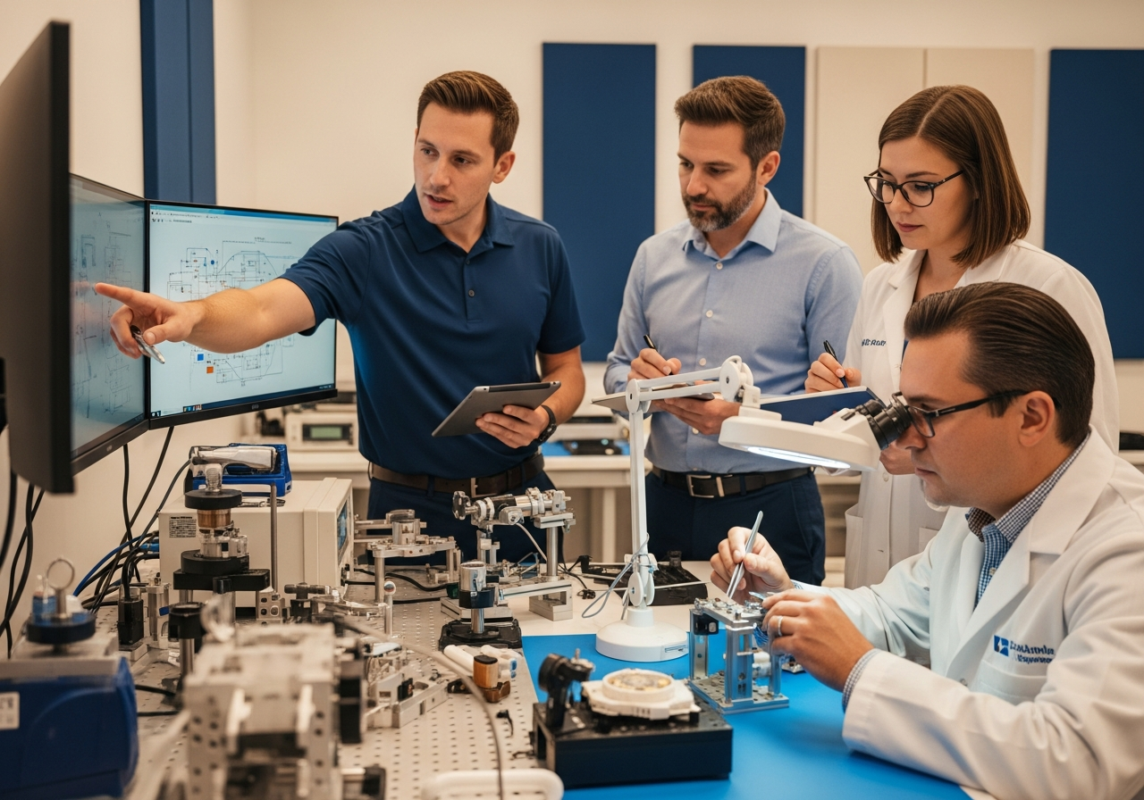 C3 engineers integrated into a client team working together in a medical device lab